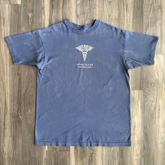 Vintage 1990s Orgasm Donor T-Shirt Men's Size L Faded Blue Sex Funny Sun Faded - Picture 1 of 10
